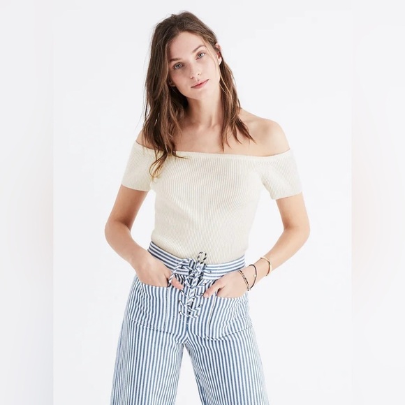 NWT Madewell Ribbed Off-the-Shoulder Top in White Marlow, Crop Length, Medium - Picture 1 of 13